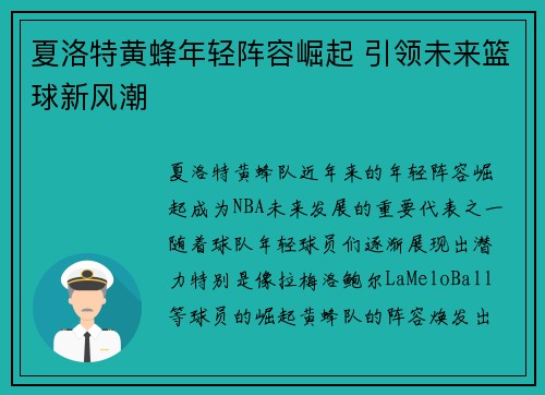 夏洛特黄蜂年轻阵容崛起 引领未来篮球新风潮